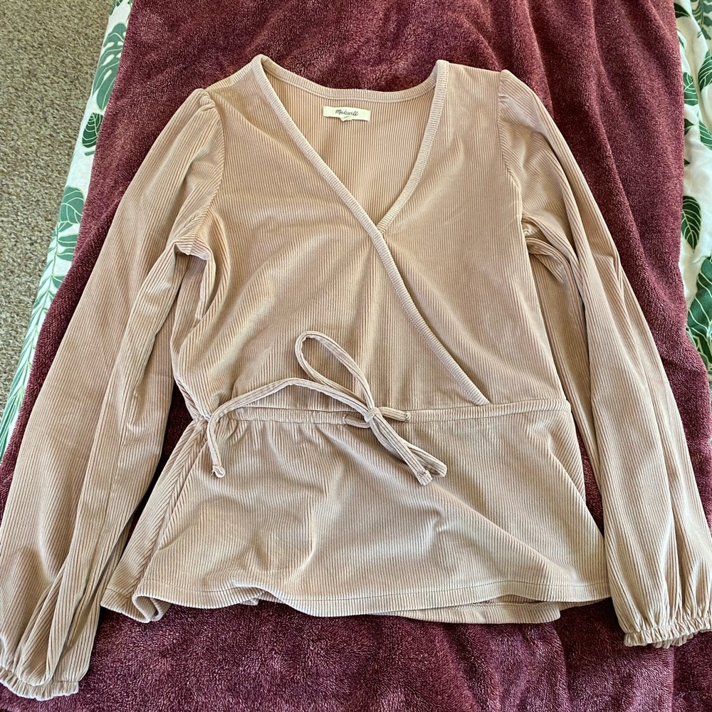 Madewell Pink Corduroy Tie-Front Blouse